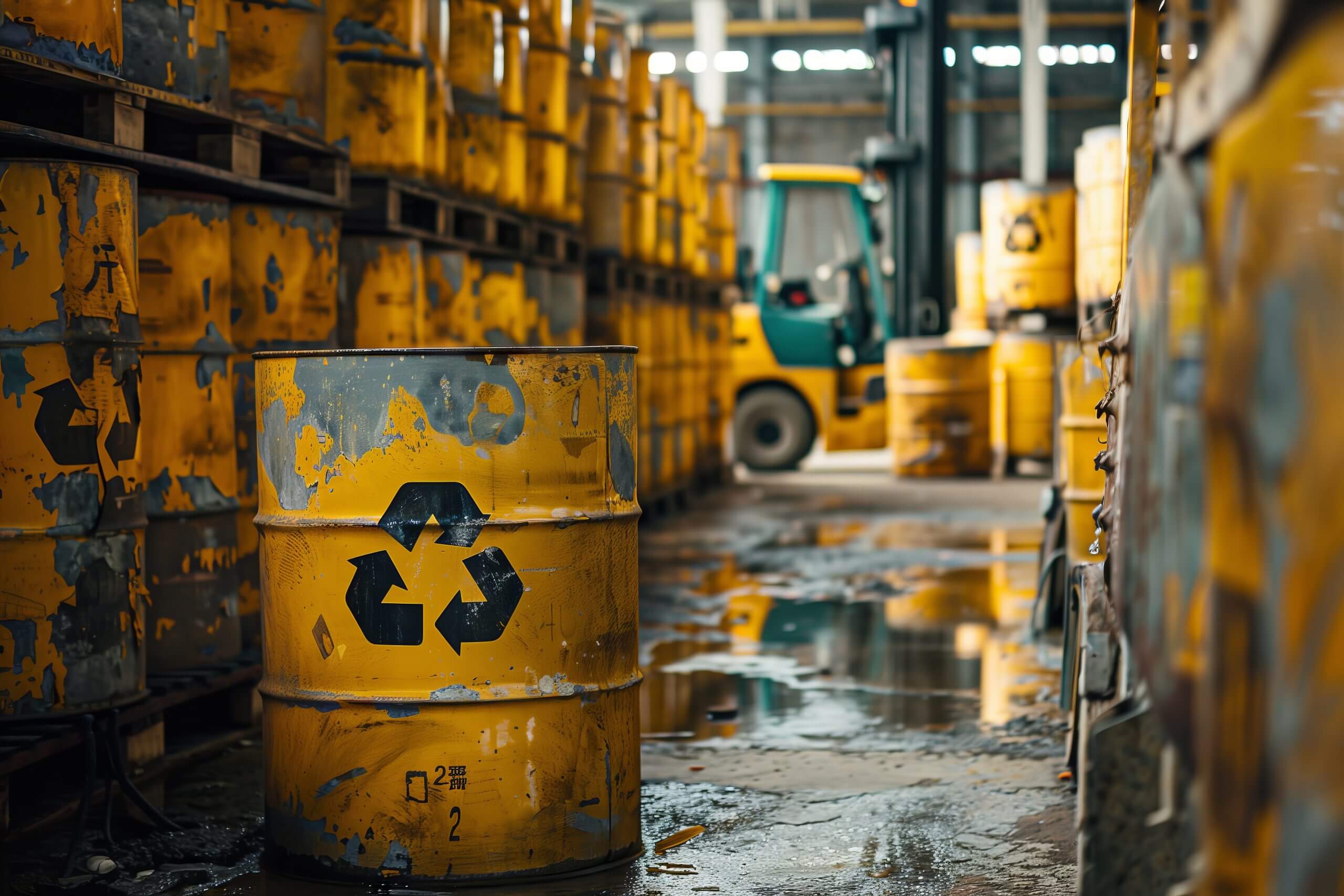 A Forklift Navigates a Warehouse Filled With Yellow Barrels of Hazardous Chemicals