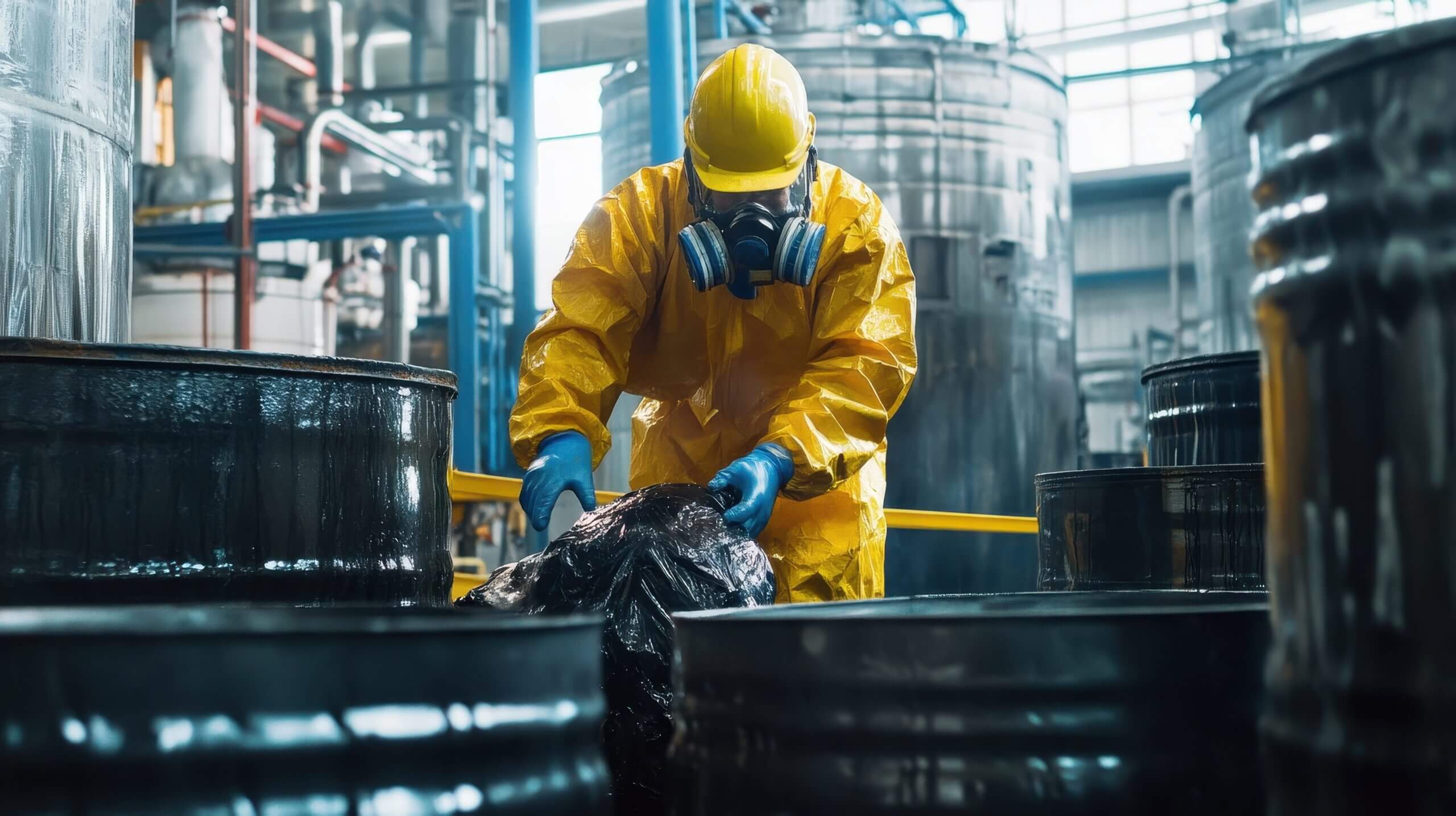 Worker in Protective Gear Handling Hazardous Material